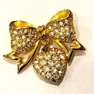 Swarovski Crystal Bow w/ dangling heart brooch